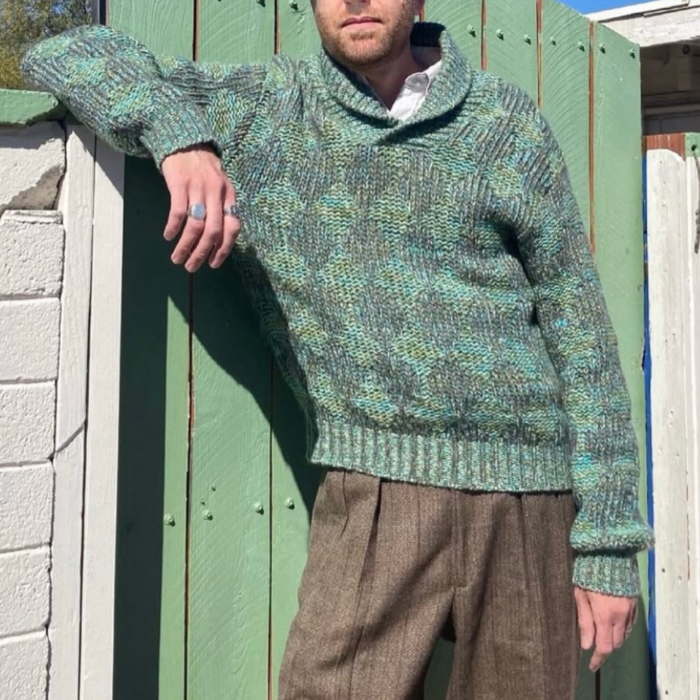 Green Wool Sweater in subtle diamond pattern